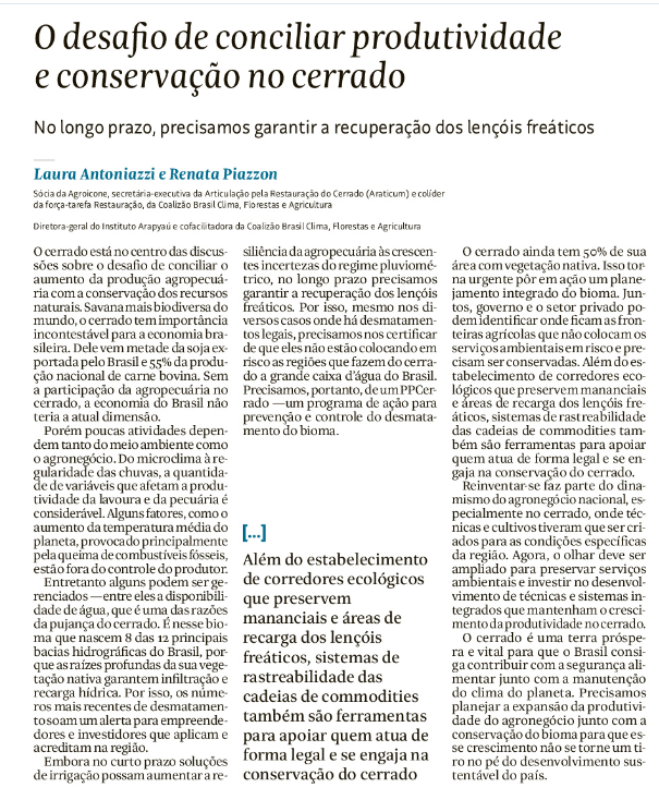 Conciliar produtividade e conservação no Cerrado é o tema do artigo de <a href="/lauraant/">laura antoniazzi</a>, sócia da Agroicone e colíder da FT Restauração da <a href="/coalizao_brasil/">Coalizão Brasil Clima, Florestas e Agricultura</a> e <a href="/RenataPiazzon/">Renata Piazzon</a>, diretora-geral do <a href="/arapyau/">Instituto Arapyaú</a> e cofacilitadora da <a href="/coalizao_brasil/">Coalizão Brasil Clima, Florestas e Agricultura</a>, publicado na <a href="/folha/">Folha de S.Paulo</a>: agroicone.com.br/artigo-o-desaf…