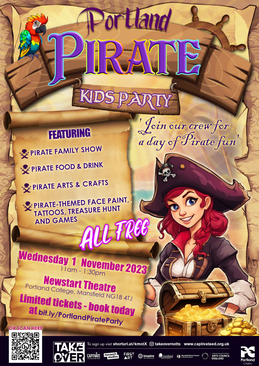 Ahoy, Me Hearties! We've got half-term treat in store for you. We've teamed up with our friends @PortlandCollege & #TakeoverNotts @CaptivateEd to bring you the Portland Pirate Kids Party on Wed 1 Nov 11am - 1.30pm. Head to👉bit.ly/PortlandPirate… for details & to book.