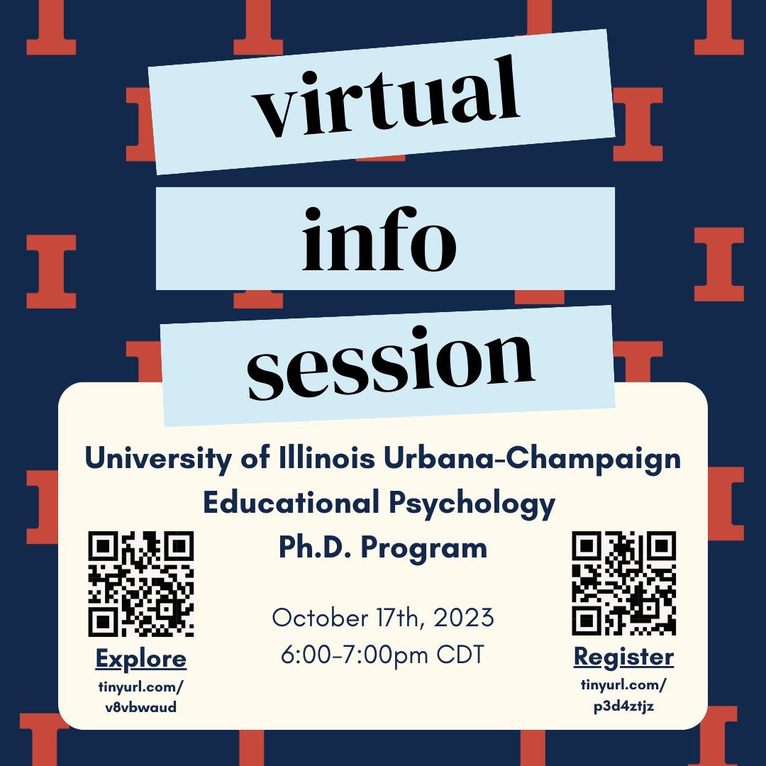 Jarrett Lewis (@jarretttlewis) on Twitter photo Great Minds Think Illinois!  Join us 10/17 to explore our PhD programs in: 
š§ Cognitive Sci. of Teaching & Learning
āļøCounseling Psych.
šŖ“Developmental Sci.
šQuant. & Qual. Methodology, Measurement, & Evaluation
Register: tinyurl.com/p3d4ztjz
Learn: tinyurl.com/v8vbwaud Great Minds Think Illinois!  Join us 10/17 to explore our PhD programs in: 
š§ Cognitive Sci. of Teaching & Learning
āļøCounseling Psych.
šŖ“Developmental Sci.
šQuant. & Qual. Methodology, Measurement, & Evaluation
Register: tinyurl.com/p3d4ztjz
Learn: tinyurl.com/v8vbwaud