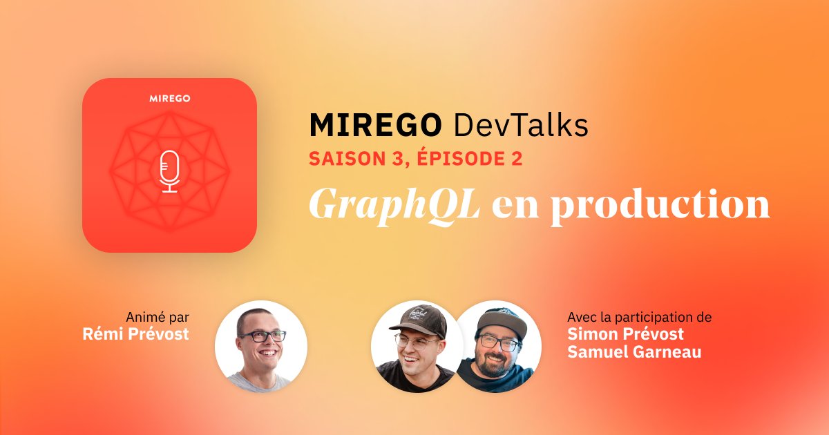 mirego's tweet image. Nouvel épisode du Podcast Mirego DevTalks! ✨🎙️

Dans cet épisode, notre animateur @remi accueille @garno et @simonprev pour discuter de pour échanger sur notre expertise et nos meilleures pratiques en terme d’opération d’API #GraphQL en production.

vie.mirego.com/fr/podcast