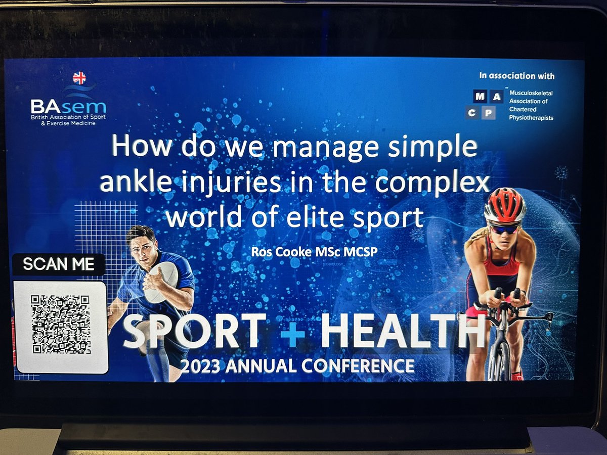 If you would like to access my presentation from today please feel free to scan the QR code on the slide. Any questions please reach out @basem_uk @BJSM_BMJ @TheISEH @SportsMedUCL @UoB_PGR_LES @PhysioMACP @Getolynch @Dora_Sportmed