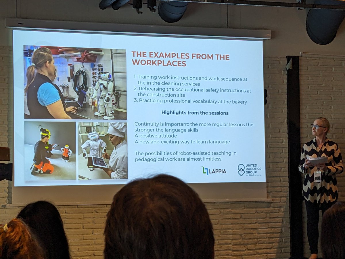 EmileAndHisBots's tweet photo. @SakkaSophie @pedagogAnnie @AmyEguchi Now @hamminki and a few teachers from Finland are telling us about Elias, a solution to teach languages with NAO (which they are also demoing at their stand). Language teaching is one my favorite use of robots, I have quite a few apps/prototypes. https://t.co/rzaCAD0mqU