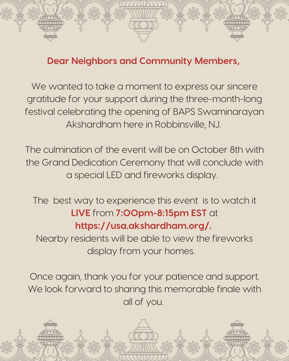 Thank You Robbinsville Township!

Join us on Oct 8th, from 7:00pm-8:15pm for the Grand Dedication Ceremony LIVE at usa.akshardham.org.

Your support during the opening of the BAPS Swaminarayan Akshardham has been incredible!

#AkshardhamOpening2023 #LegacyofInspiration