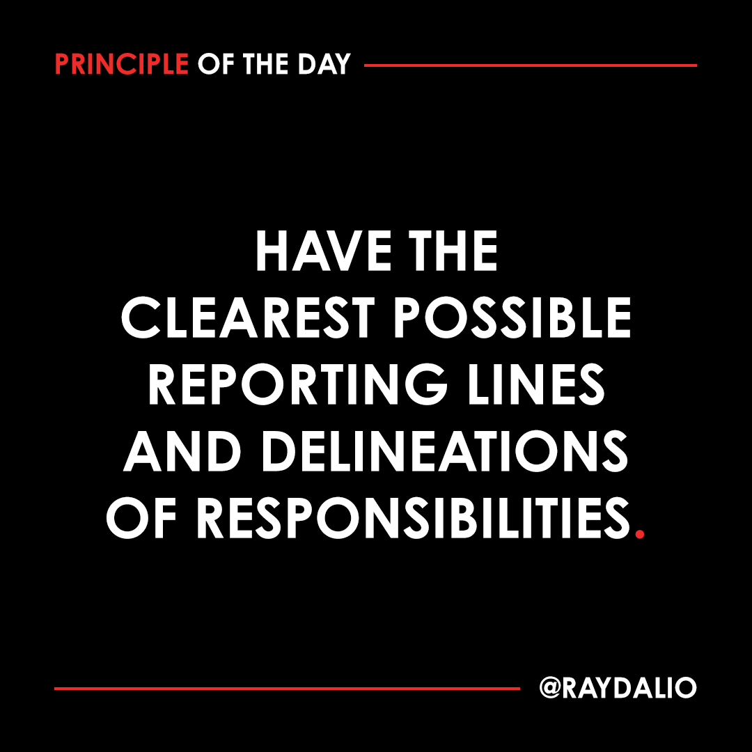 RayDalio's tweet photo. This applies both within and between departments. Dual reporting causes confusion, complicates prioritization, diminishes focus on clear goals, and muddies the lines of supervision and accountability — especially when the supervisors are in two different departments. When situations require dual reporting, managers need to be informed. Asking someone from another department to do a task without consulting with his or her manager is strictly prohibited (unless the request will take less than an hour or so). However, appointing co-heads of a department or a sub-department can work well if the managers are in sync and combine complementary and essential strengths; dual reporting in that case can work well if properly coordinated. #principleoftheday