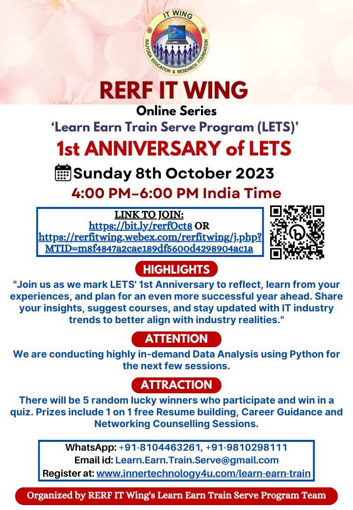 RERFITWing's tweet image. 1st Annual Celebrations of LETS: Sunday 8th October 4:00 pm to 6:00 pm India Time

Link To Join Anniversary Celebrations on Sun 8th Oct: bit.ly/rerfOct8 

#ITAlert #rerf #Lets #gamescom #Quizzes #careeradvice #CareerGrowth #careergoals #CareerOpportunities #DataAnalytics