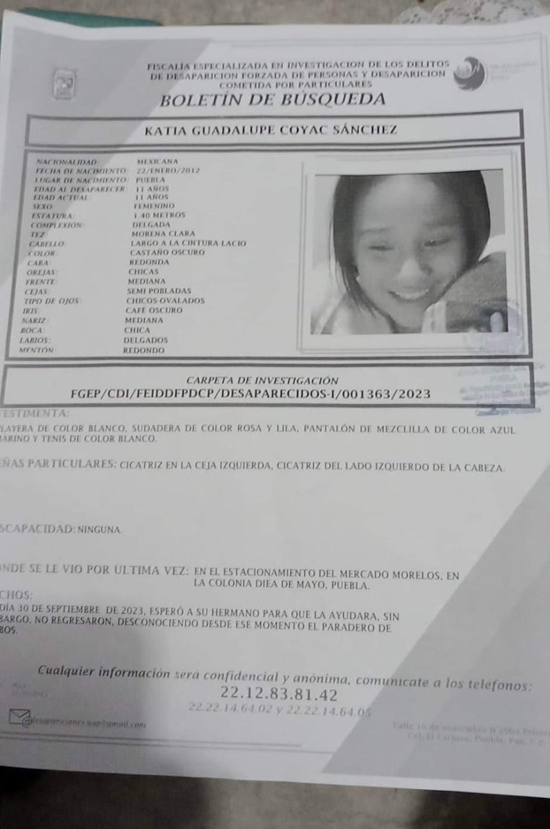 laredcincoradio's tweet photo. #ServicioSocial 🔎 || Urge localizar a Katia Guadalupe Coyac Sánchez de 11 años de edad reportada como extraviada desde el 30 de septiembre en colonia Diez de Mayo. Informes al 2212838142 #LaRedCincoRadio #Puebla https://t.co/J0UKYXLjX4