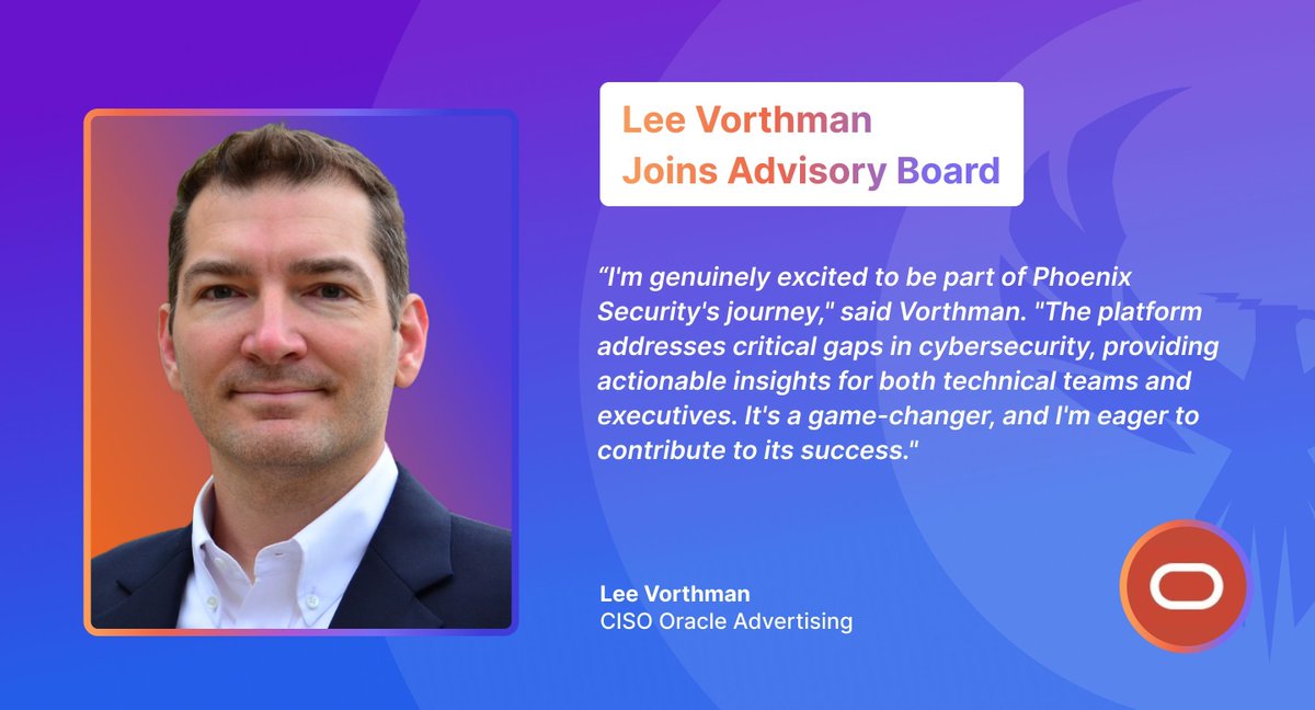 sec_phoenix's tweet image. Excited to announce the eminent Lee Vorthman joining the advisory board at Phoenix Security! 🌐 With a distinguished tenure as CISO at Oracle Cloud and former Pearson Vue, Lee&apos;s multifaceted cybersecurity expertise is #PhoenixSecurity #CybersecurityExcellence @franksec42