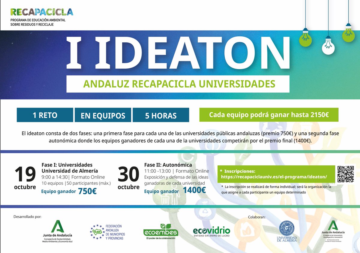 ecoUALizate's tweet photo. ¿Eres una persona creativa, sensibilizada con el medio ambiente y te gustan los RETOS? 

 I Edición del concurso "#IdeatonAndaluz #Recapacicla Universidades”  

📅 El 19 de octubre en la UAL 
⌚️ De 9:00 h a 14:30 h 
💻Formato Virtual

Más info: https://t.co/Z6Cr5f8j9S

#UAL https://t.co/hGLd61suDz