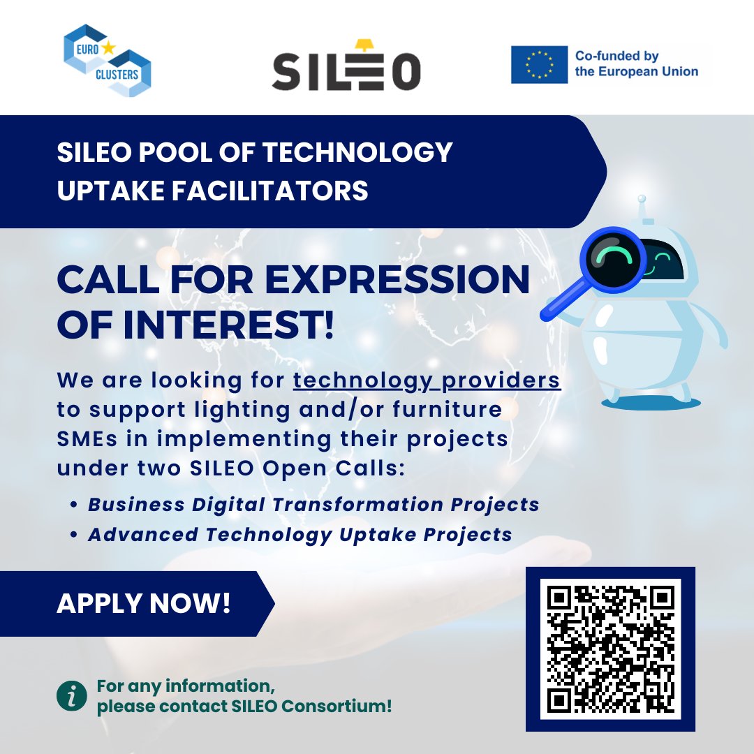 ElcaCluster's tweet image. 2° Call for #ExpressionofInterest for #SILEO Pool of Technology Uptake Facilitators is open NOW!

We are looking for #technologyproviders and #digitalizationexperts to support #lighting and #furniture #SMEs!

Find more the Guide and Application FORM here elcacluster.eu/our-projects/s…