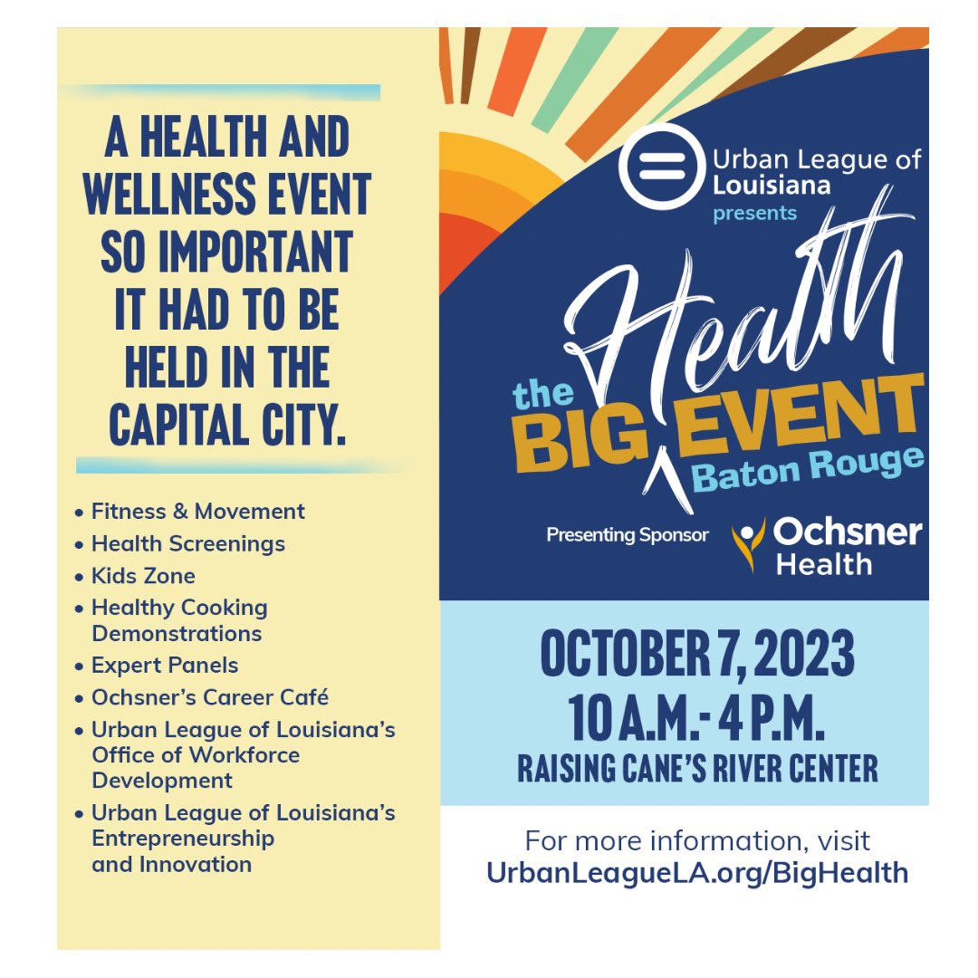 Baton Rouge! If you’re headed downtown this weekend, stop by The Big Health Event w/ <a href="/urbanleaguela/">Urban League of Louisiana</a> &amp; <a href="/OchsnerHealth/">Ochsner Health</a> 🍏💫

This event is completely FREE w/activities for the entire family! #OchsnerHealth #HealthyState #LiveHealthyState"

Registration Link- urbanleaguela.org/bighealth/?utm…