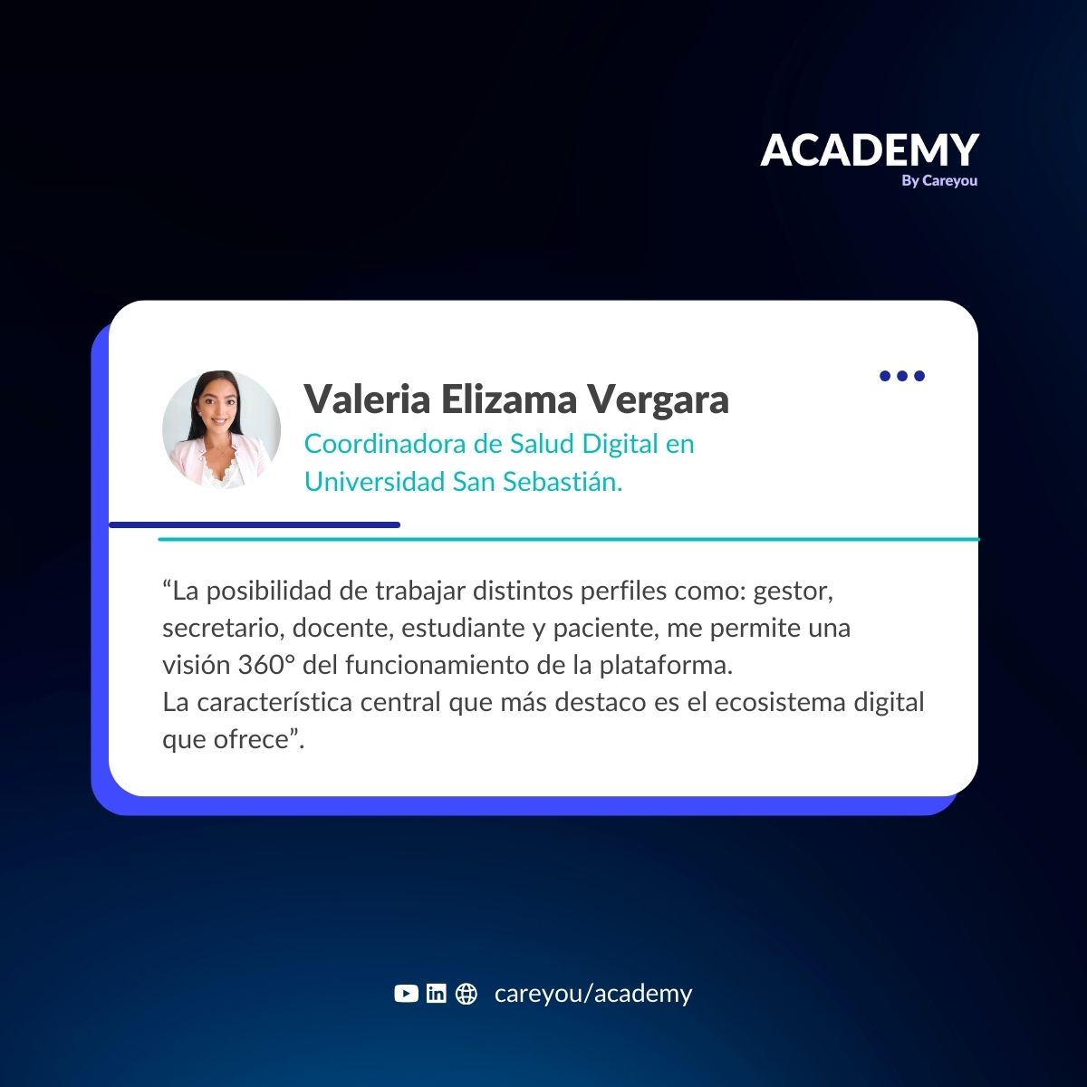 careyou_cl's tweet photo. Valeria Elizama Vergara, Coordinadora de salud digital en Universidad San Sebastián nos cuenta cómo es su experiencia usando #Academy.

🔍 Descubre cómo Academy puede transformar tu enfoque educativo en https://t.co/chTbzOse4l

#careyouacademy #uss #universidades @USanSebastian https://t.co/n7w2vACWpE