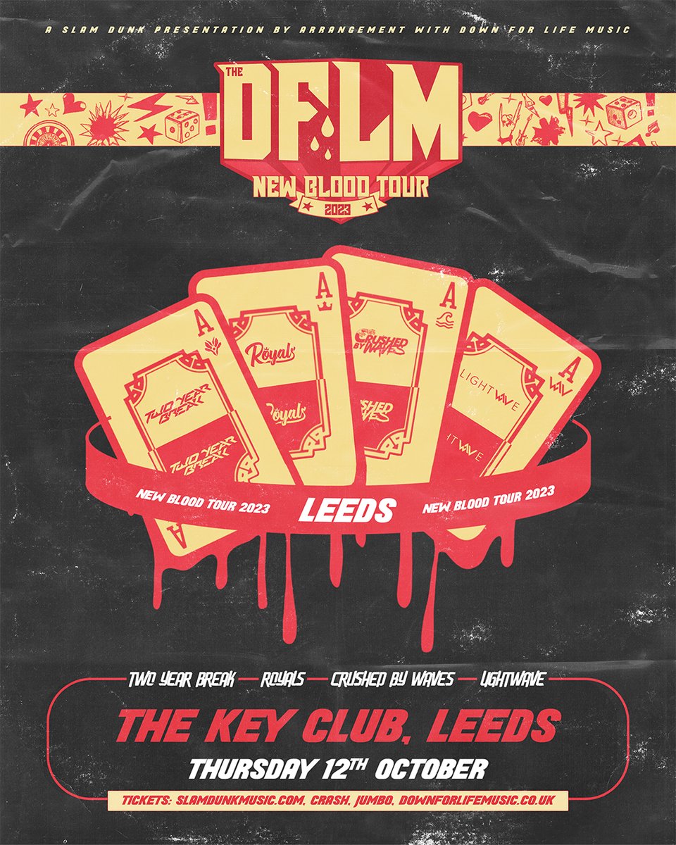 Slam Dunk Presents (@slamdunkleeds) on Twitter photo Next week the Down For Life Music New Blood Tour kicks off in Leeds! Join <a href="/TwoYearBreak/">Two Year Break</a> <a href="/RoyalsBandUK/">𝐑𝐎𝐘𝐀𝐋𝐒 👑</a> <a href="/crushedbywaves/">Crushed By Waves</a> and Lightwave at <a href="/thekeyclubleeds/">The Key Club</a> on Thursday 12th October 🤘
Tickets: slamdunkmusic.seetickets.com/event/dflm-new… Next week the Down For Life Music New Blood Tour kicks off in Leeds! Join <a href="/TwoYearBreak/">Two Year Break</a> <a href="/RoyalsBandUK/">𝐑𝐎𝐘𝐀𝐋𝐒 👑</a> <a href="/crushedbywaves/">Crushed By Waves</a> and Lightwave at <a href="/thekeyclubleeds/">The Key Club</a> on Thursday 12th October 🤘
Tickets: slamdunkmusic.seetickets.com/event/dflm-new…