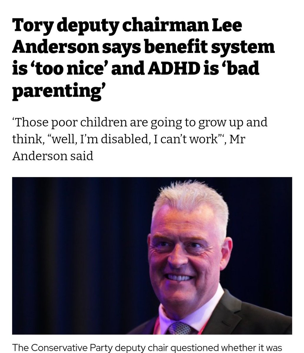 Heccles94's tweet photo. ADHD is not caused by bad parenting.

As a mental health nurse, and someone with ADHD, I can safely say that @LeeAndersonMP_ is talking out of his arse.

He is not qualified to talk about the etiology of ADHD, and his words are hurtful and damaging.

P.s. my mum is great.

#ADHD https://t.co/u2kac0tAJf