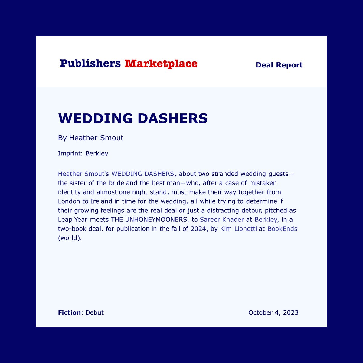 ✨THRILLED✨ to announce that my debut, WEDDING DASHERS will be published by <a href="/BerkleyRomance/">berkleyromance</a>! 

Thank you so much to my fabulous agent @BookEndsKim for guiding me through this process, and thank you to my wonderful editor <a href="/sareereer/">Sareer Khader</a> for your enthusiasm for this story! 🚗✈️🚂☘️
