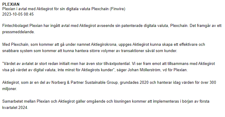 AktieVarlden's tweet photo. Stor nyhet för #Plexian som fått sitt första avtal inom digital valuta
Kommer öppna upp för en miljardmarknad med recurring revenues
2024 kommer bli 😍😍😍😍
https://t.co/vs6cBx2OQB https://t.co/JhOmdPDFl0