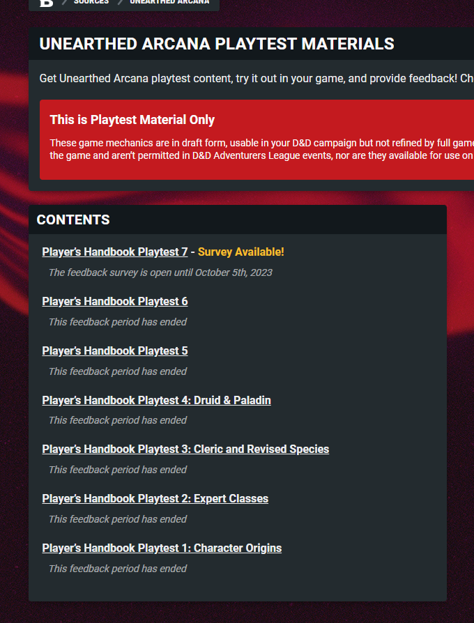 owlbear_tamer's tweet photo. @DnDBeyond 

UA issue:

the link to the new playtest is not accurately displayed on the UA page. The list ends at 7. Unless a user clicks on 7, and then "next", they will not set Bastion + Cantrips. https://t.co/cL2x1wJRUz
