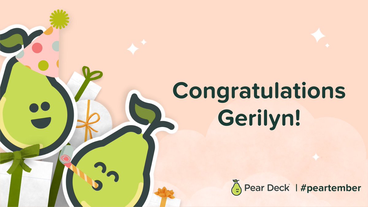 Drumroll, please! 🥁 We're thrilled to announce our #Peartember grand prize winner, @GerilynWilliams! 🎉 Gerilyn is an educator from NJ and Pear Deck Certified Coach that has earned 8+ Pear Deck badges. 🤩 Thank you for being a #PearDeck advocate, Gerilyn! Congratulations! 🍐