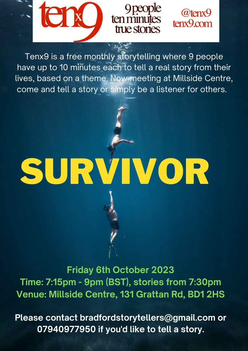 Happy New Month, #Bradford ✨️
Join us tomorrow evening for our monthly storytelling at <a href="/Millside_Centre/">The Millside Centre</a>

A narrow escape from a dicey situation? Pushing through some challenge or difficulty? Survived something and ‘lived to tell the tale’? We want to hear your survivor story…