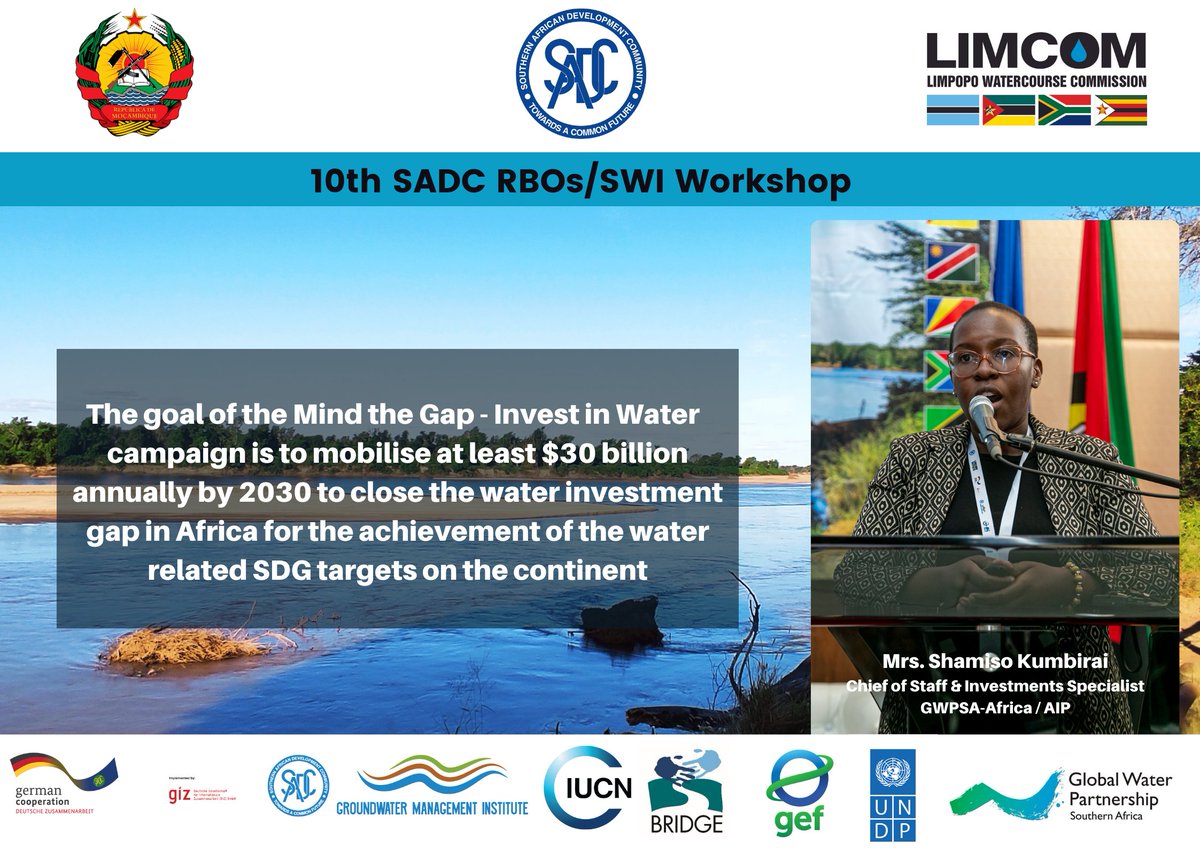 GWPSAF's tweet photo. Shamiso Kumbirai @gwpsa presents on the role of the Africa Water Investment Programme in driving transboundary water investments and the goal of the Mind the Gap - Invest in Water campaign, championed by the @_AfricanUnion and supported by the @AipWater.

#10THSADCRBOSWI https://t.co/ZpurbO0FPx