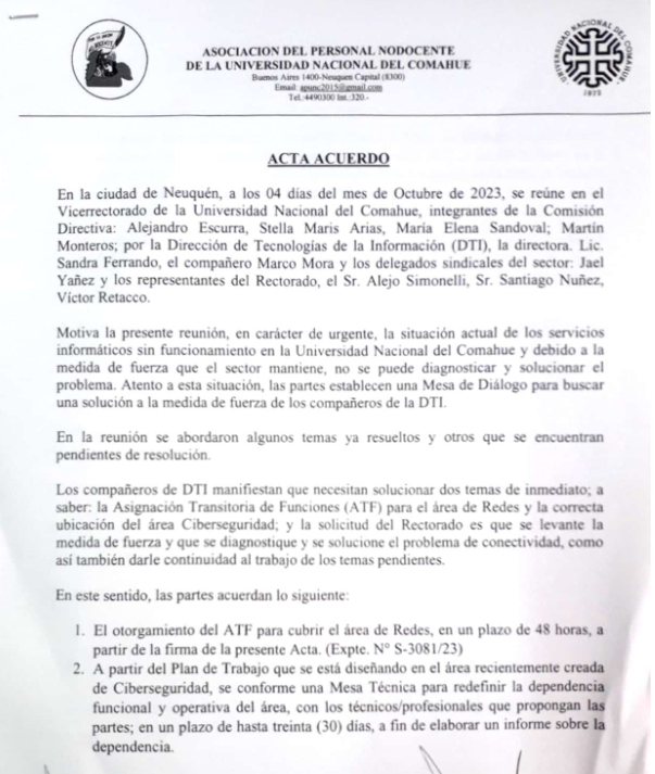 DtiUnco's tweet photo. En el día de ayer 04/10/23 se firmó el acta compromiso con representantes de Rectorado y del gremio APUNC mediante la cual se comprometen a otorgar funciones de Administrador de Red que corresponde y así resolver el problema de conectividad que nos mantenía sin conectividad https://t.co/eGVqb25CnD