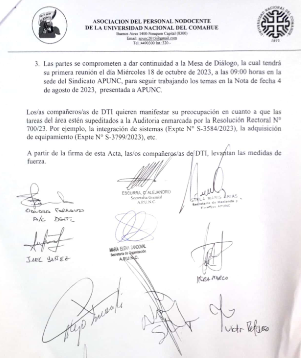 DtiUnco's tweet photo. En el día de ayer 04/10/23 se firmó el acta compromiso con representantes de Rectorado y del gremio APUNC mediante la cual se comprometen a otorgar funciones de Administrador de Red que corresponde y así resolver el problema de conectividad que nos mantenía sin conectividad https://t.co/eGVqb25CnD