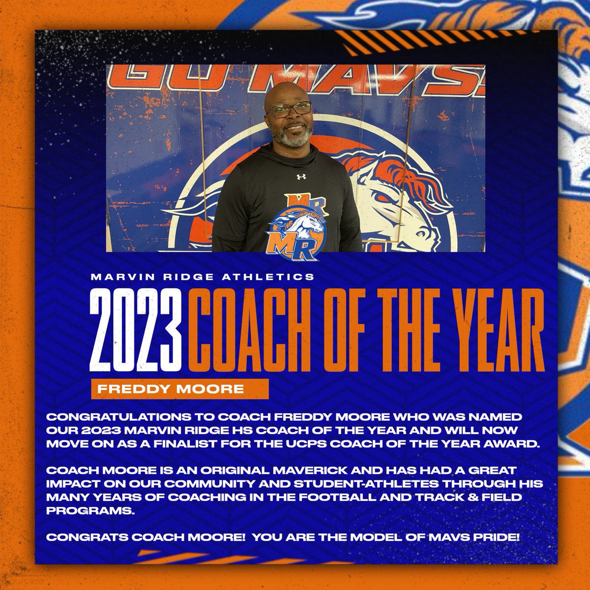 Congrats to Coach Moore!  Our 2023 MRHS Coach of the Year and now moving on as a finalist for the UCPS Coach of the Year Award!
#MavsPride
<a href="/aghoulihan/">Andrew G. Houlihan</a> <a href="/ucpsncathletics/">UCPS NC Athletics</a>