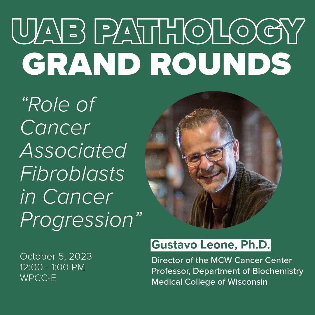 Join us today @ 12 in WPCC-E for @UABPathology Grand Rounds ft. Gustavo Leone, Ph.D., Director, @MCWCancerCenter, Professor, Department of Biochemistry, @MedicalCollege, for, 'Role of Cancer-Associated Fibroblasts in Cancer Progression.' Register: buff.ly/3HC7i99