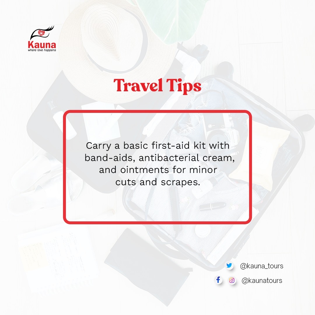 kauna_tours's tweet photo. Pack a simple first-aid kit containing band-aids, antibacterial cream, and ointments to address minor cuts and scrapes.
#firstaidessentials #minorwoundcare #healthkit #SafetyFirst #kaunatours #trendinghealthtips #tourism #tourist https://t.co/VlOGJVwofn