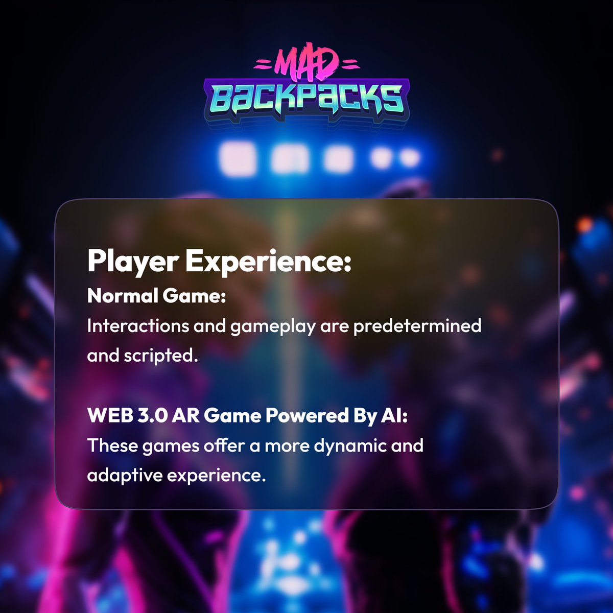 BackpacksMad's tweet photo. A "normal game" and a "WEB 3.0 Augmented Reality Game Powered By AI" represent different generations of gaming experiences with distinct characteristics. Here's of the key differences between the two๐
#madbackpacks #ai #crypto
#nft #web3 #mbp #mbptoken
#madbackpacksmbp #mbpcoin