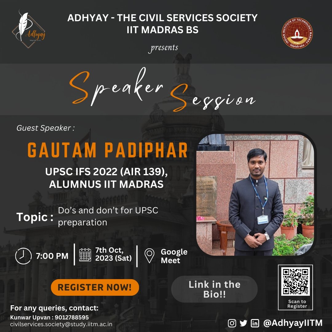 AdhyayIITM's tweet photo. We at Adhyay,  are thrilled to announce another insightful speaker session, featuring a distinguished guest, Mr. Gautam Padiphar. 🌟 

Registration Link 🔗: https://t.co/TY0V6JMWxy https://t.co/vcOby1yyQB