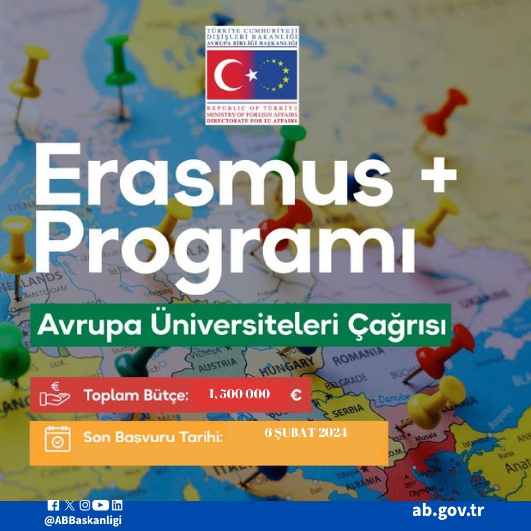 T.C. Dışişleri Bakanlığı Avrupa Birliği Başkanlığı (@abbaskanligi) on Twitter photo Avrupa’daki yükseköğretim kurumları arasında kurumsal işbirliğini sistematik, yapısal ve sürdürülebilir bir şekilde kurmayı amaçlayan Erasmus+ Avrupa Üniversiteleri Çağrısı açıldı.
<a href="/YuksekogretimK/">Yükseköğretim Kurulu</a>
<a href="/EU_Commission/">European Commission</a>
<a href="/ulusalajans/">Türkiye Ulusal Ajansı 🇹🇷 Turkish NA</a> Avrupa’daki yükseköğretim kurumları arasında kurumsal işbirliğini sistematik, yapısal ve sürdürülebilir bir şekilde kurmayı amaçlayan Erasmus+ Avrupa Üniversiteleri Çağrısı açıldı.
<a href="/YuksekogretimK/">Yükseköğretim Kurulu</a>
<a href="/EU_Commission/">European Commission</a>
<a href="/ulusalajans/">Türkiye Ulusal Ajansı 🇹🇷 Turkish NA</a>