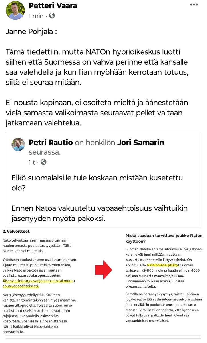 Ennen Natoa vakuuteltu vapaaehtoisuus vaihtuikin jäsenyyden myötä pakoksi.

NATOn hybridikeskus luotti siihen että Suomessa on vahva perinne että kansalle saa valehdella ja kun liian myöhään kerrotaan totuus, siitä ei seuraa mitään.

Ei nousta kapinaan, ei osoiteta mieltä ja