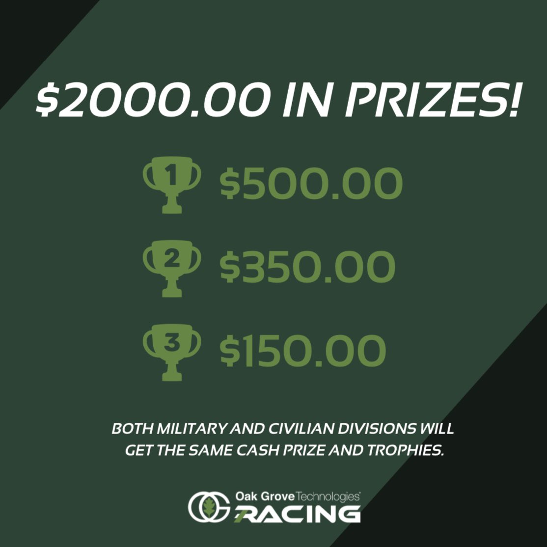 Save the date for the 1st Annual Raptor Race Drone Challenge sponsored by Oak Grove Technologies, MultiGP and GetFPV! We will have two racing divisions: Civilian (Open) and Military (Open). Each division will receive cash prices, swipe for details. Scan the QR code to learn more!