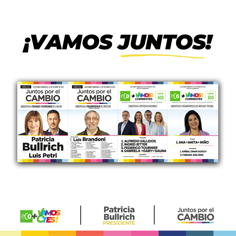 En #Corrientes, ¡esta es la boleta ganadora! ⚡️

Acompañemos a <a href="/PatoBullrich/">Patricia Bullrich</a> y <a href="/luispetri/">Luis Petri</a>, a <a href="/alfrevallejosok/">Alfredo Vallejos</a> e <a href="/IngridJetter/">Ingrid Jetter</a> 💪🏼