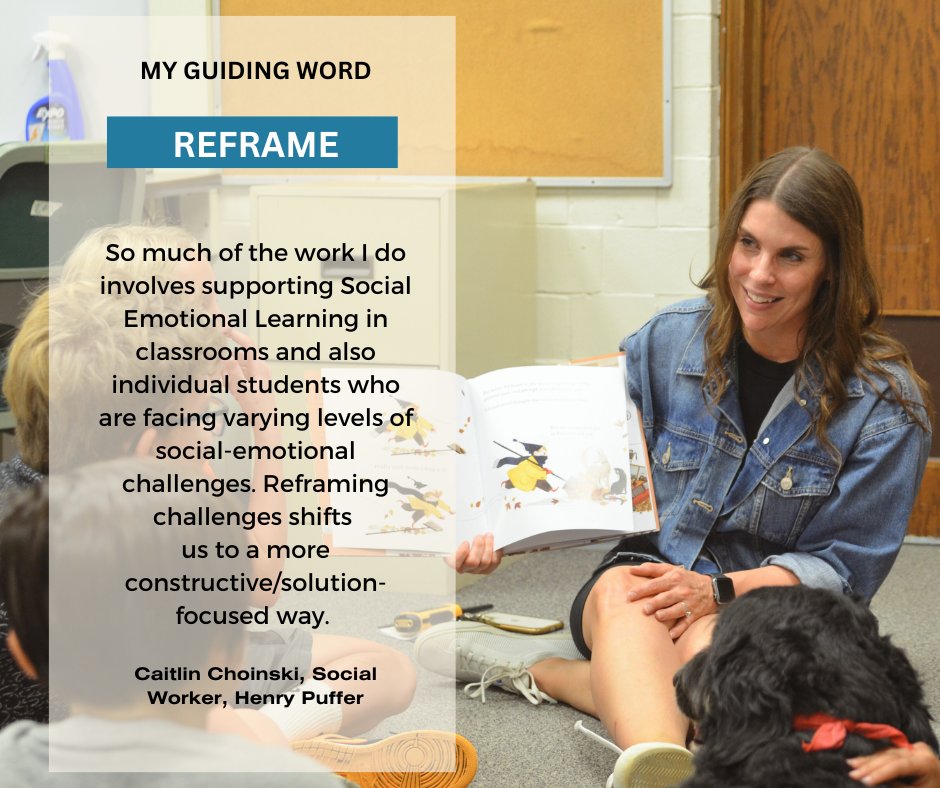DGDistrict58's tweet photo. Wednesday's Word comes to us from Henry Puffer Social Worker Caitlin Choinski, who finds that "reframe" is a valuable tool to use with students. Hence, her Guiding Word for the year. #dg58pride #guidingword https://t.co/ydaswK8Hwg