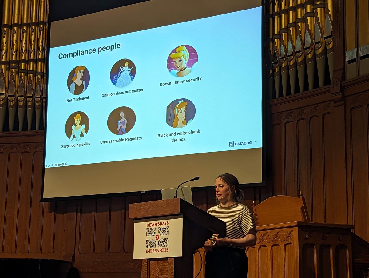 McDwayne's tweet image. The Cinderella of Security - Combining forces with compliance for better security outcomes
by Kendra Ash from @datadoghq
at #devopsdaysindy  

#devopsdays
