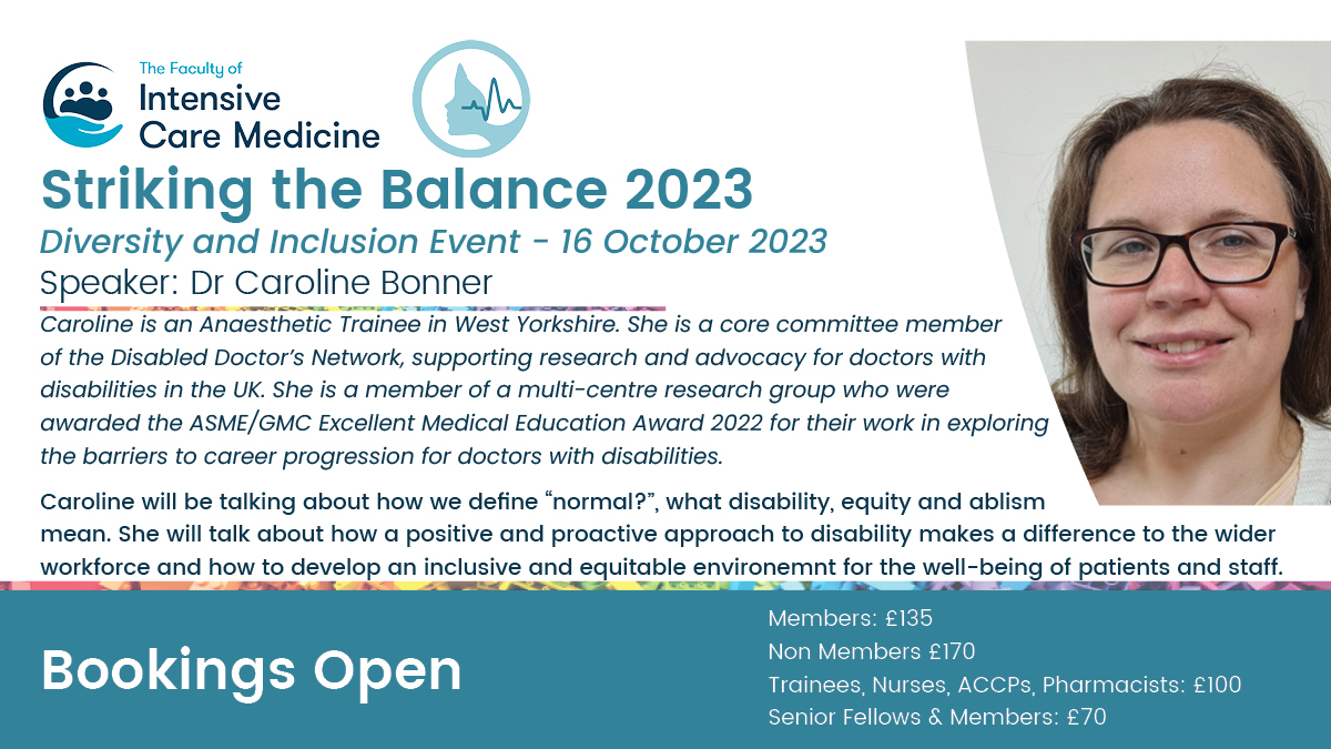 Caroline Bonner will be speaking about “Disability in Anaesthesia and Critical Care: what does this mean to us?” Caroline is an Anaesthetics Core Trainee whose lived experience provides her with a unique insight into disability within Anaesthesia and ICM. bit.ly/StrikingTheBal…