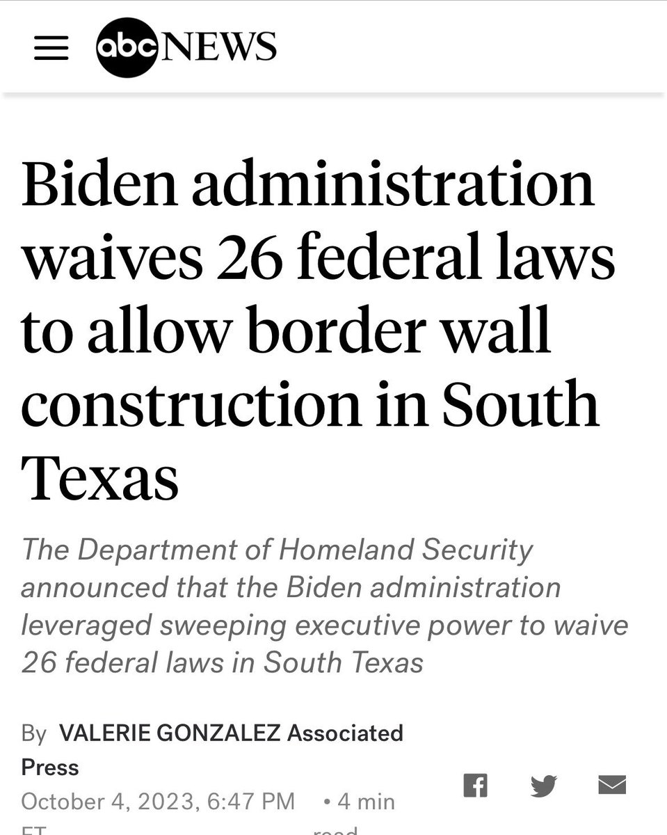Yes, the hypocrisy and incompetence here is mind blowing but, the part that I'm really struggling with is "Biden administration waives 26 federal laws."  
How exactly does that work?
