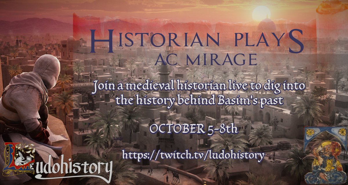 Today's the dayyyyy! In about 7 hours, we're going to be LIVE talking #history and #AssassinsCreedMirage . The plan - some background on early Islamic history, our main sources for the game's setting, and then we're going to start and see how pretty Baghdad is!