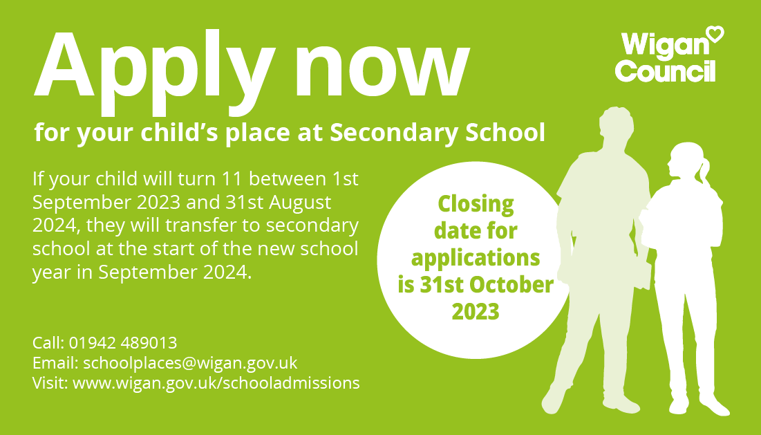 It's time to apply for your child's place at secondary school if you haven't already. Go to wigan.gov.uk/schooladmissio… to apply. If you have any questions email schoolplaces@wigan.gov.uk