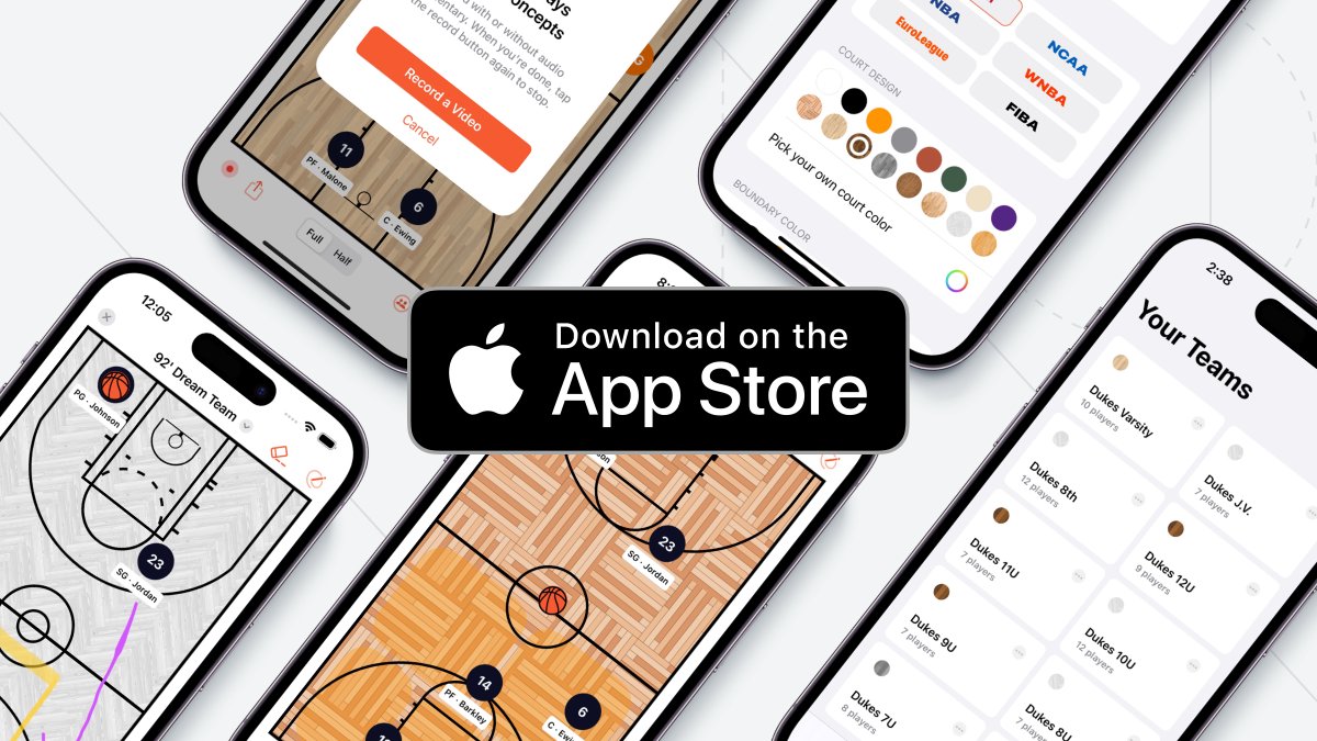 Elite Hoops running on iPhones in the background, and in front of them there is an App Store badge that says "Download on the App Store"