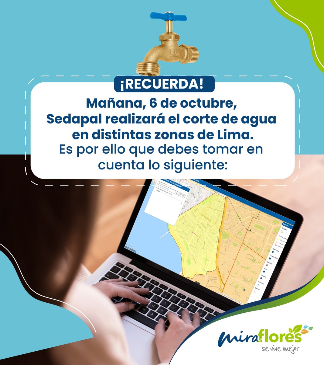 MuniMiraflores's tweet image. 💧 Ante el corte de agua establecido por #Sedapal debes tener en cuenta lo siguiente
🔸 Verifica so tu zona será afectada por el corte y ubica los puntos de acopio de agua:
bit.ly/3F0VR8T
#CorteDeAgua #Servicios #Precaución