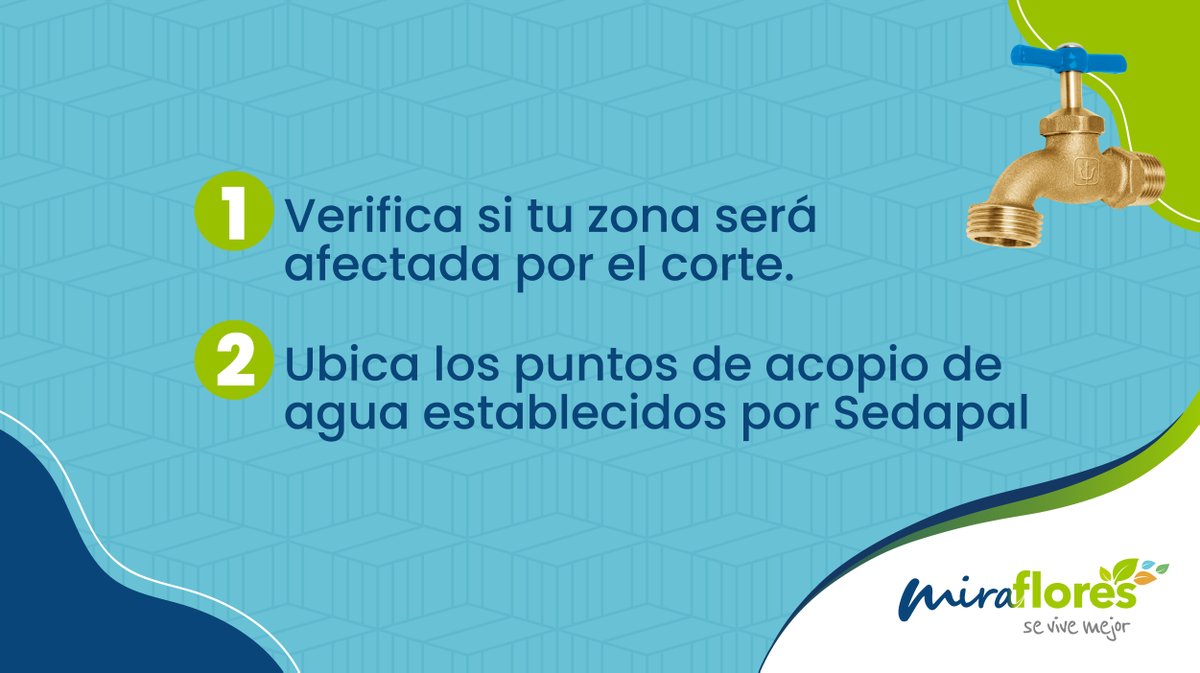 MuniMiraflores's tweet image. 💧 Ante el corte de agua establecido por #Sedapal debes tener en cuenta lo siguiente
🔸 Verifica so tu zona será afectada por el corte y ubica los puntos de acopio de agua:
bit.ly/3F0VR8T
#CorteDeAgua #Servicios #Precaución