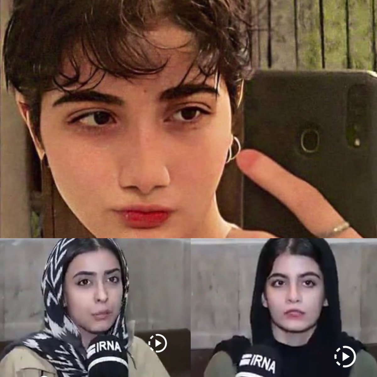 Yes, in 21st-century we the women of Iran get killed for showing our hair!

This 16-year-old girl with beautiful short hair is in coma after being assault by hijab police in Tehran’s metro. Now the authorities forced these two friends of her in hijab and brought them on a State
