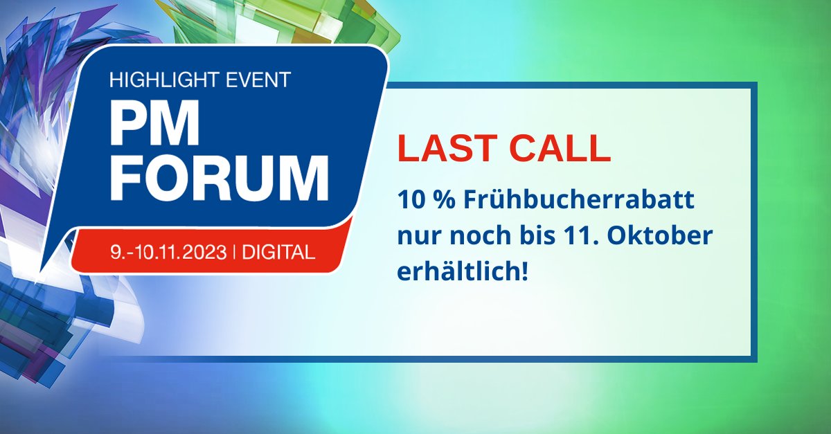 Nur noch wenige Tage bis zum Ende der Frühbucherrabatt Zeit für das 
𝗣𝗠 𝗙𝗢𝗥𝗨𝗠 𝗗𝗜𝗚𝗜𝗧𝗔𝗟 𝟮𝟬𝟮𝟯! 📣 

📅 09. - 10. November 2023
🌐 ONLINE

🎟 JETZT TICKET SICHERN: pm-forum.de/teilnehmen/

#GPM_IPMA #projektmanagement #pmforum