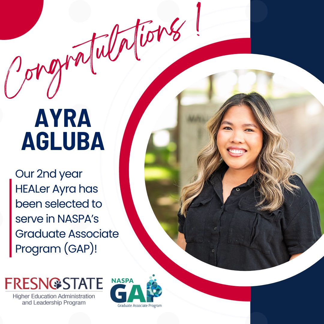 A huge congratulations 🎉 to our #HEALer Ayra for being selected for the <a href="/NASPAGAPtweets/">NASPA Graduate Associate Program</a> ! <a href="/FresnoKremenEdu/">Kremen School of Education and Human Development</a>