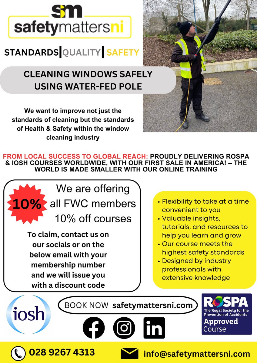 🌟 Exciting News! Get 10% Off Our Online Training Courses 🌟 At Safety Matters NI, we're thrilled to partner with Federation of Window Cleaners to offer a special discount exclusively for FWC Members! 🚀 #windowceaning #online #training