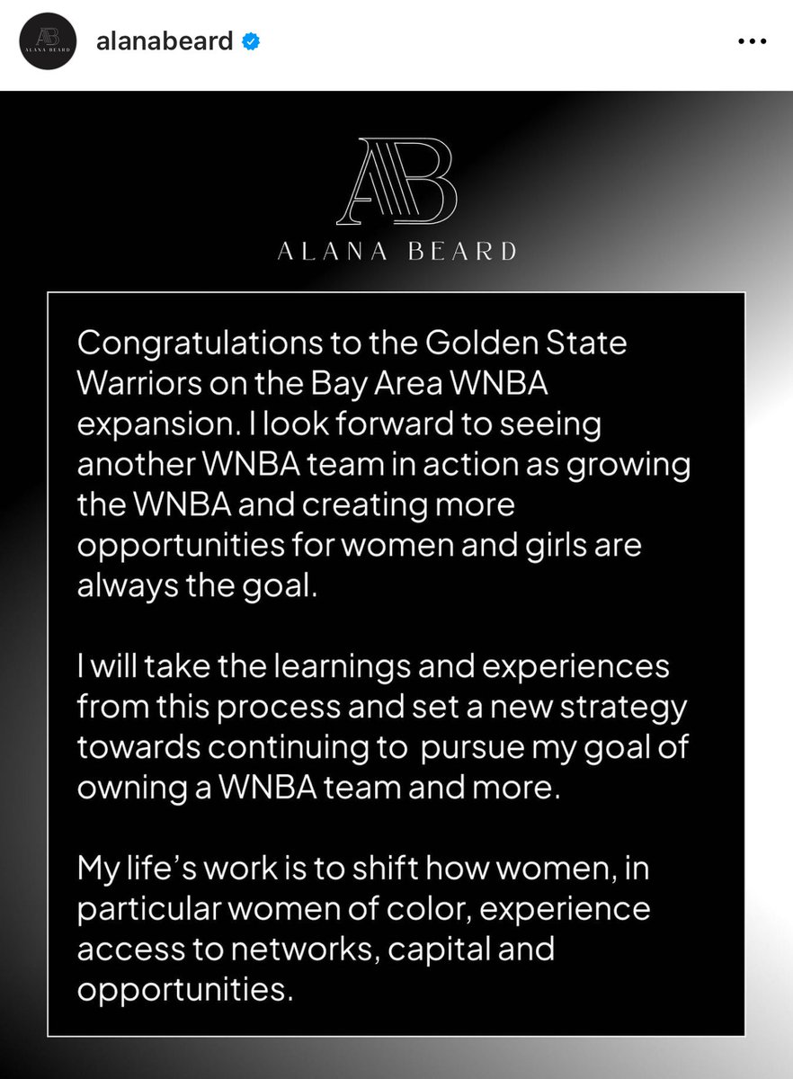 Former WNBA player @Alanabeard20 released a statement on @warriors ownership group’s approval for team in Bay area. Beard is part of the @AASEGOakland group, who proposed to have a WNBA team in Oakland.