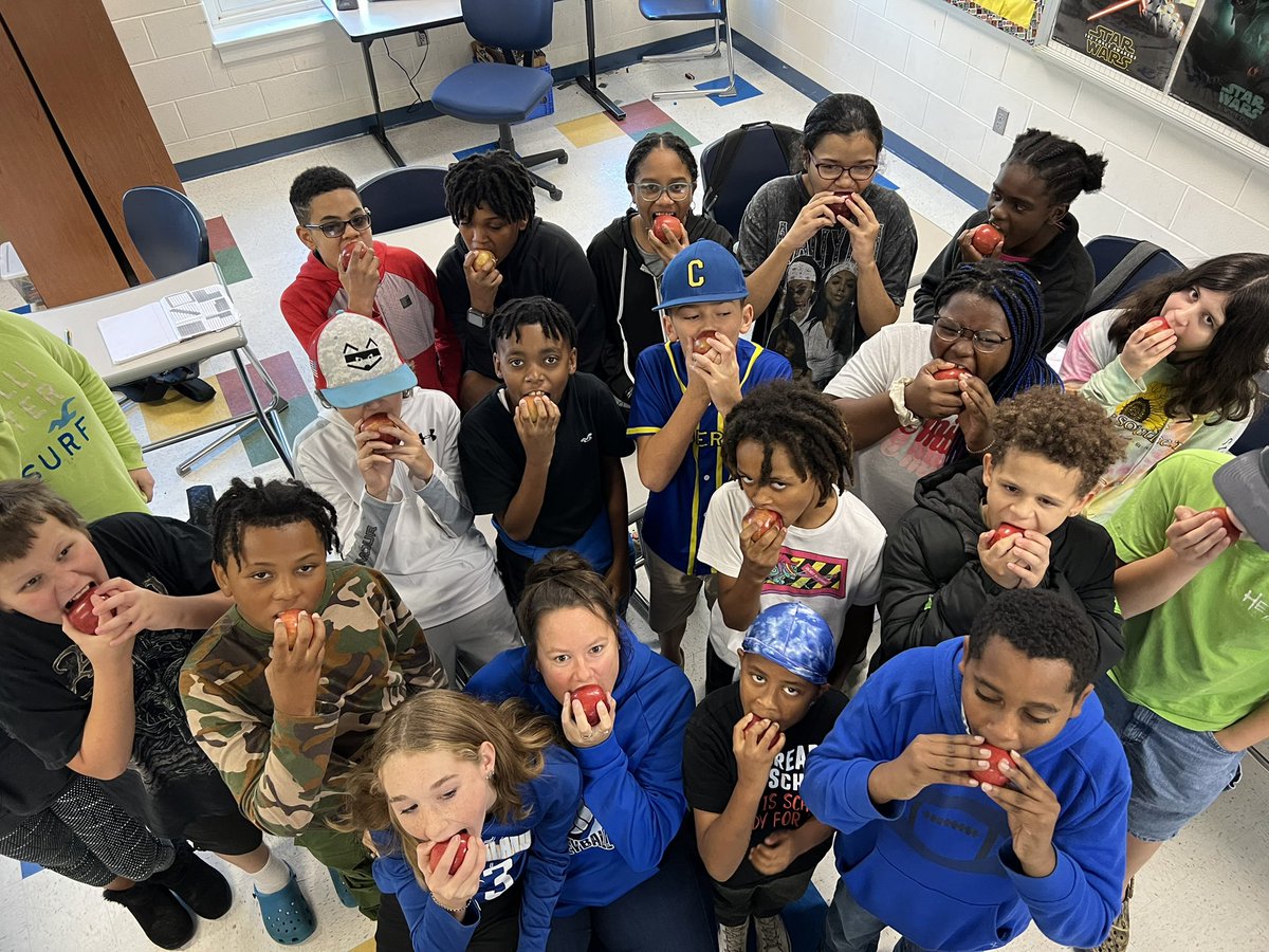 MParker0394's tweet photo. We did some apple crunching today in 6th grade to celebrate the annual “Crunch Heard Around the Commonwealth!” #WeAreCUCPS @Hoyt_CMS https://t.co/B72LeZ2QBy