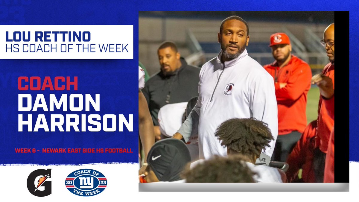 Congratulations to Coach Damon Harrison of Newark East Side HS in NJ for being named our Week 6 winner of the New York Giants Lou Rettino HS Football Coach of the Week award presented by <a href="/Gatorade/">Gatorade</a>! 

Read more about Coach Harrison here: nygnt.co/2023COW6